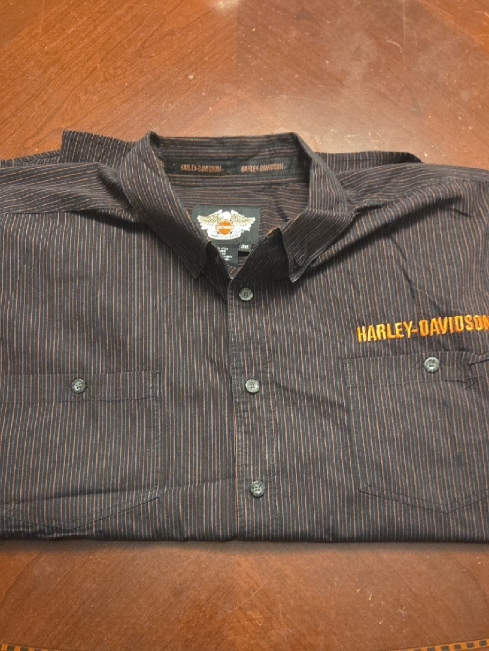 Harley-Davidson Brown Button-Down Shirt with Thin Tan Pinstripes - Picture 7 of 7